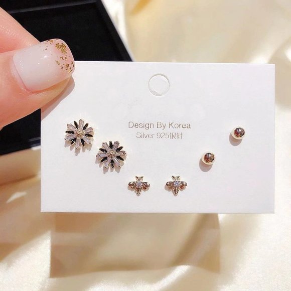 [3 Pairs] 925 Sterling Silver Diamond Earrings E - Picture 1 of 7
